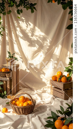 Styled Photography Scene with Oranges in Wicker Basket and Wooden Crate Styled Photography Scene with Oranges in Wicker Basket and Wooden Crate 136536664