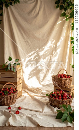 Styled Photography Scene with Strawberries in Wicker Basket and Wooden Crate 136536666