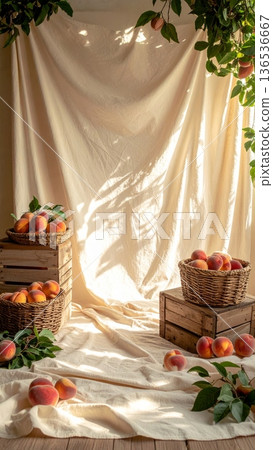 Styled Photography Scene with Peaches in Wicker Basket and Wooden Crate Styled Photography Scene with Peaches in Wicker Basket and Wooden Crate 136536667