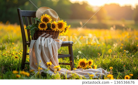 Dark Cottage Wooden Chair with Sunflower Basket and Straw Hat Dark Cottage Wooden Chair with Sunflower Basket and Straw Hat 136536676