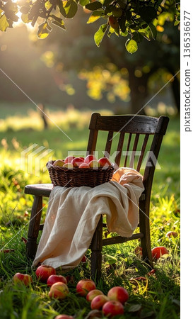Dark Cottage Wooden Chair with Beige Cotton Cloth and Apple Basket Dark Cottage Wooden Chair with Beige Cotton Cloth and Apple Basket 136536677