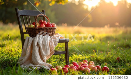 Dark Cottage Wooden Chair with Beige Cotton Cloth and Apple Basket Dark Cottage Wooden Chair with Beige Cotton Cloth and Apple Basket 136536680