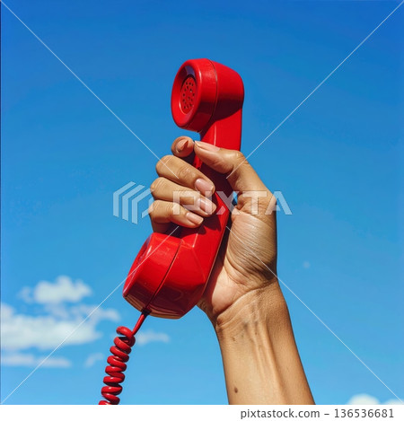 Woman Holding Red Vintage Telephone Against Bright Blue Sky Woman Holding Red Vintage Telephone Against Bright Blue Sky 136536681