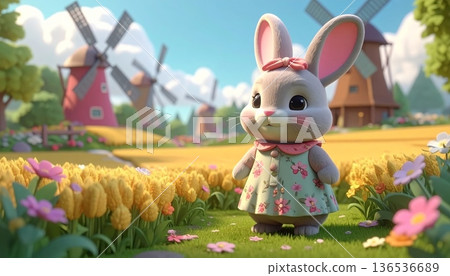 3D Cartoon Bunny in Floral Vintage Dress with Windmill and Wheat Field 3D Cartoon Bunny in Floral Vintage Dress with Windmill and Wheat Field 136536689