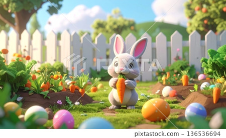 3D Cartoon Baby Bunny Holding Fresh Carrot in Cottage Vegetable Garden 3D Cartoon Baby Bunny Holding Fresh Carrot in Cottage Vegetable Garden 136536694