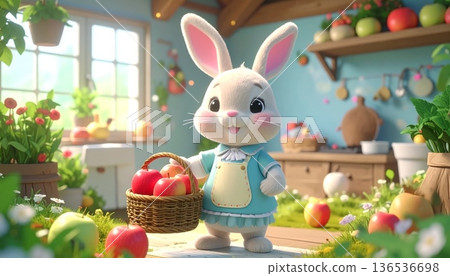 3D Cartoon Mother Bunny in Cottage Kitchen Holding Fruit Basket 3D Cartoon Mother Bunny in Cottage Kitchen Holding Fruit Basket 136536698