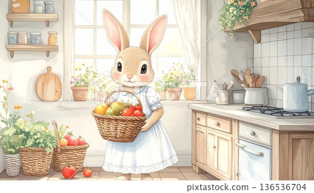 Watercolor Cottage Mother Bunny in Kitchen Holding Fruit Basket Watercolor Cottage Mother Bunny in Kitchen Holding Fruit Basket 136536704