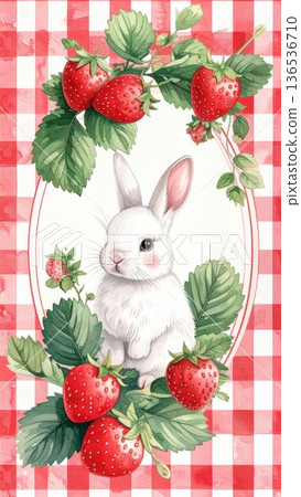 Watercolor Oval Frame Strawberry Vine with White Bunny on Red Gingham Background Watercolor Oval Frame Strawberry Vine with White Bunny on Red Gingham Background 136536710