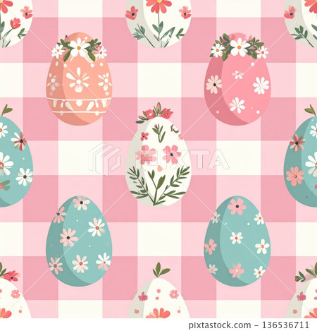 Decorated Easter Eggs with Flower Crown Seamless Gingham Pattern Decorated Easter Eggs with Flower Crown Seamless Gingham Pattern 136536711