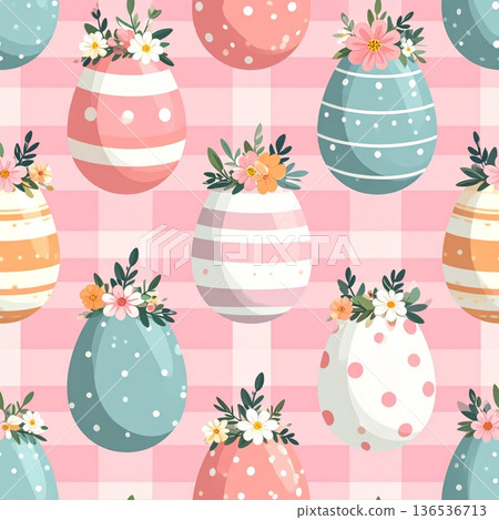 Decorated Easter Eggs with Flower Crown Seamless Gingham Pattern Decorated Easter Eggs with Flower Crown Seamless Gingham Pattern 136536713