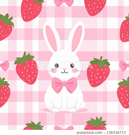 White Bunny with Pink Bow and Strawberry Seamless Gingham Pattern White Bunny with Pink Bow and Strawberry Seamless Gingham Pattern 136536715