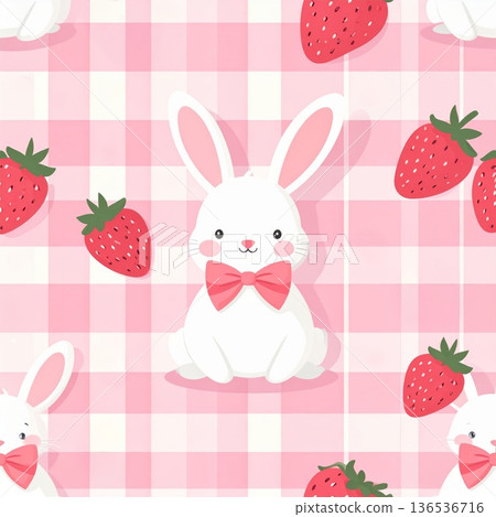 White Bunny with Pink Bow and Strawberry Seamless Gingham Pattern White Bunny with Pink Bow and Strawberry Seamless Gingham Pattern 136536716