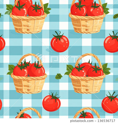 Tomato with Picnic Basket Seamless Gingham Pattern Tomato with Picnic Basket Seamless Gingham Pattern 136536717