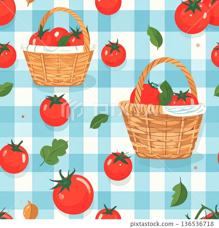 Tomato with Picnic Basket Seamless Gingham Pattern Tomato with Picnic Basket Seamless Gingham Pattern 136536718
