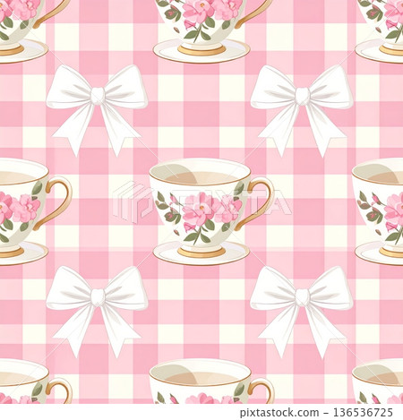 European Floral Teacup with White Bow Seamless Gingham Pattern European Floral Teacup with White Bow Seamless Gingham Pattern 136536725