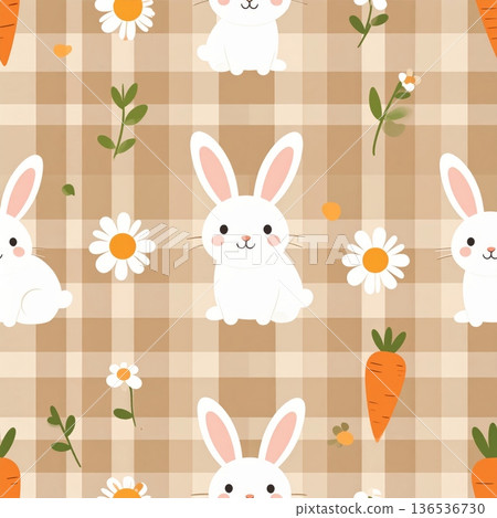 White Bunny with Carrot and Daisy Seamless Gingham Pattern 136536730