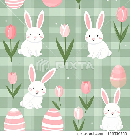 Generated Spring Bunny with Pink Striped Egg and Mini Tulips Seamless Gingham Pattern Generated Spring Bunny with Pink Striped Egg and Mini Tulips Seamless Gingham Pattern 136536733