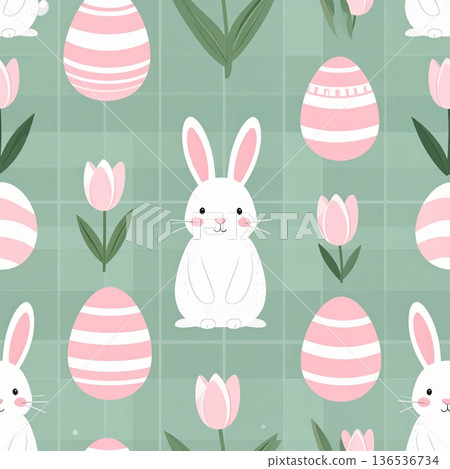 Generated Spring Bunny with Pink Striped Egg and Mini Tulips Seamless Gingham Pattern 136536734