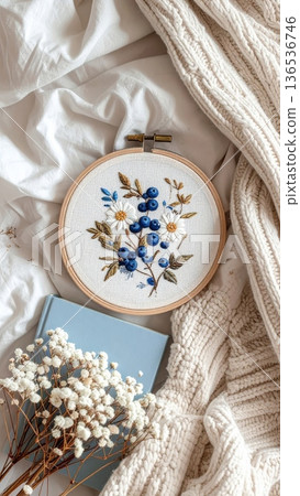 Embroidered Blueberry Hoop on Bed with Knitted Blanket Book and White Dried Flowers Embroidered Blueberry Hoop on Bed with Knitted Blanket Book and White Dried Flowers 136536746