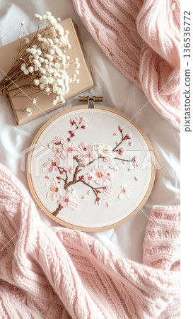 Embroidered Sakura Hoop on Bed with Knitted Blanket Book and White Dried Flowers 136536772