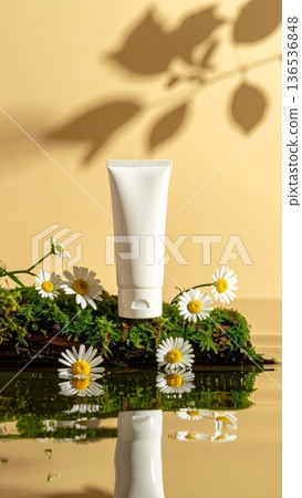 White Cream Tube with Chamomile on Mossy Wood White Cream Tube with Chamomile on Mossy Wood 136536848