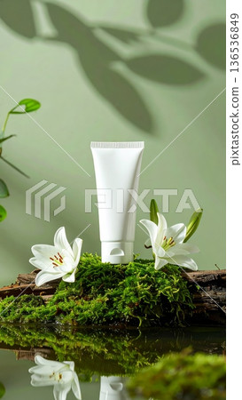 White Cream Tube with Lily on Mossy Wood 136536849
