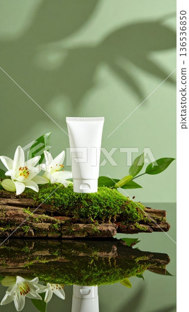 White Cream Tube with Lily on Mossy Wood 136536850