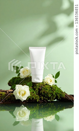 White Cream Tube with Rose on Mossy Wood 136536851