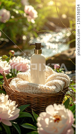 Pump Bottle Skincare with Peony Flowers Pump Bottle Skincare with Peony Flowers 136536854