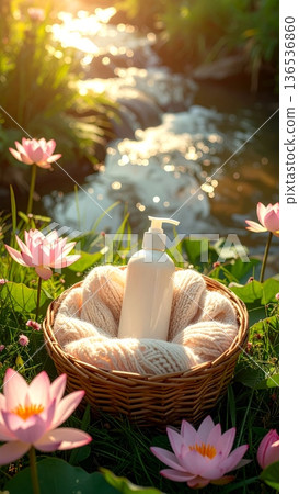 Pump Bottle Skincare with Lotus Flowers 136536860
