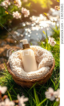 Pump Bottle Skincare among Cherry Blossoms Pump Bottle Skincare among Cherry Blossoms 136536861