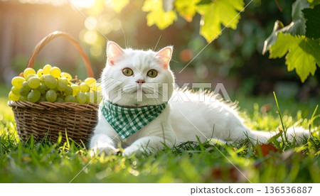White Scottish Fold Cat with Grape Basket 136536887