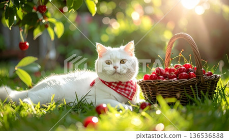White Scottish Fold Cat with Cherry Basket 136536888