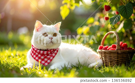 White Scottish Fold Cat with Raspberry Basket 136536892