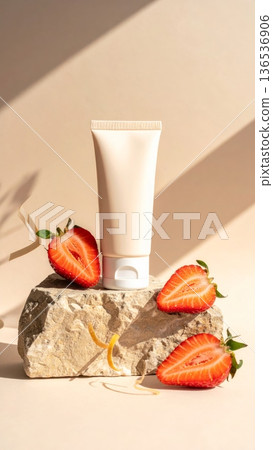 Cream Tube Product with Strawberry and Natural Elements 136536906
