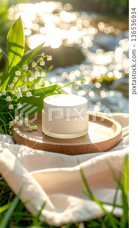 White Cosmetic Cream Jar with Lily of the Valley Flowers on Wooden Tray by a Clear Stream in Green Grass White Cosmetic Cream Jar with Lily of the Valley Flowers on Wooden Tray by a Clear Stream in Green Grass 136536934
