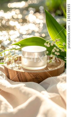 White Cosmetic Cream Jar with Lily of the Valley Flowers on Wooden Tray by a Clear Stream in Green Grass White Cosmetic Cream Jar with Lily of the Valley Flowers on Wooden Tray by a Clear Stream in Green Grass 136536935