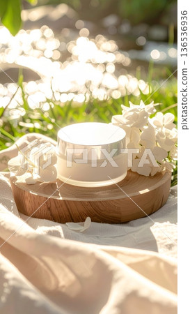 White Cosmetic Cream Jar with Hydrangea Flowers on Wooden Tray by a Clear Stream in Green Grass White Cosmetic Cream Jar with Hydrangea Flowers on Wooden Tray by a Clear Stream in Green Grass 136536936