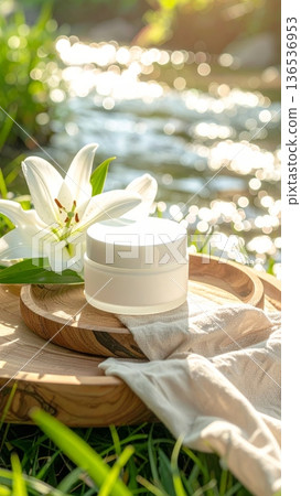 White Cosmetic Cream Jar with Lily Flowers on Wooden Tray by a Clear Stream in Green Grass 136536953