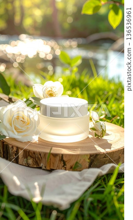 White Cosmetic Cream Jar with White Rose Flowers on Wooden Tray by a Clear Stream in Green Grass White Cosmetic Cream Jar with White Rose Flowers on Wooden Tray by a Clear Stream in Green Grass 136536961