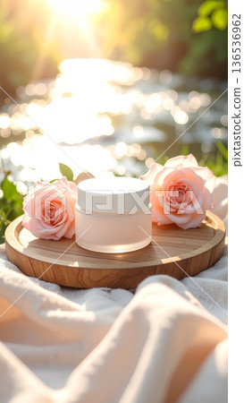 White Cosmetic Cream Jar with Pink Rose Flowers on Wooden Tray by a Clear Stream in Green Grass White Cosmetic Cream Jar with Pink Rose Flowers on Wooden Tray by a Clear Stream in Green Grass 136536962