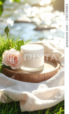 White Cosmetic Cream Jar with Pink Rose Flowers on Wooden Tray by a Clear Stream in Green Grass 136536963