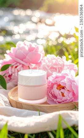 White Cosmetic Cream Jar with Pink Peony Flowers on Wooden Tray by a Clear Stream in Green Grass 136536964