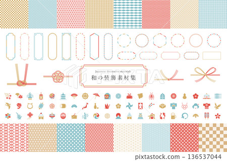 Collection of set materials with modern Japanese frames, icons, and Japanese patterns Collection of set materials with modern Japanese frames, icons, and Japanese patterns 136537044