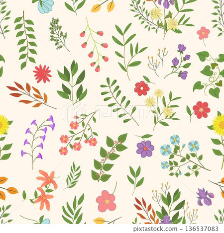 Seamless Colorful Summer Floral Hand Drawn Pattern Seamless Colorful Summer Floral Hand Drawn Pattern 136537083