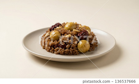 Korean Yakbap Sweet Rice with Chestnuts and Jujube Served in Minimal Bowl Korean Yakbap Sweet Rice with Chestnuts and Jujube Served in Minimal Bowl 136537666