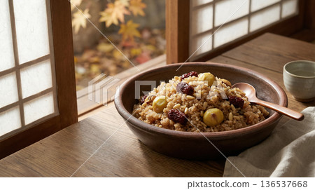 Korean Yakbap Sweet Rice in Wooden Bowl by Window with Warm Natural Light 136537668