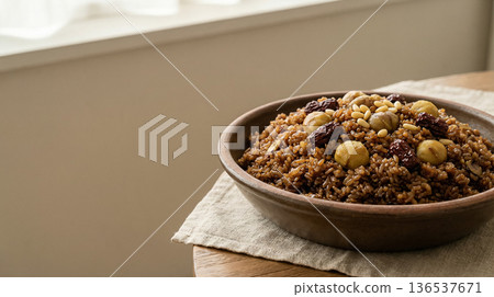 Korean Yakbap Sweet Rice Bowl with Copy Space for Food Design and Banner Korean Yakbap Sweet Rice Bowl with Copy Space for Food Design and Banner 136537671