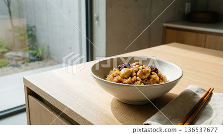 Korean Yakbap Sweet Rice Bowl with Chopsticks Minimal Modern Kitchen Scene Korean Yakbap Sweet Rice Bowl with Chopsticks Minimal Modern Kitchen Scene 136537677
