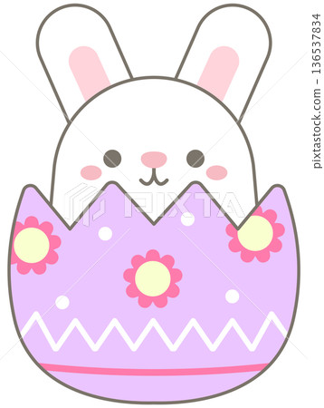 Cute Pastel Bunny Sitting in Floral Easter Egg for Spring Holiday 136537834